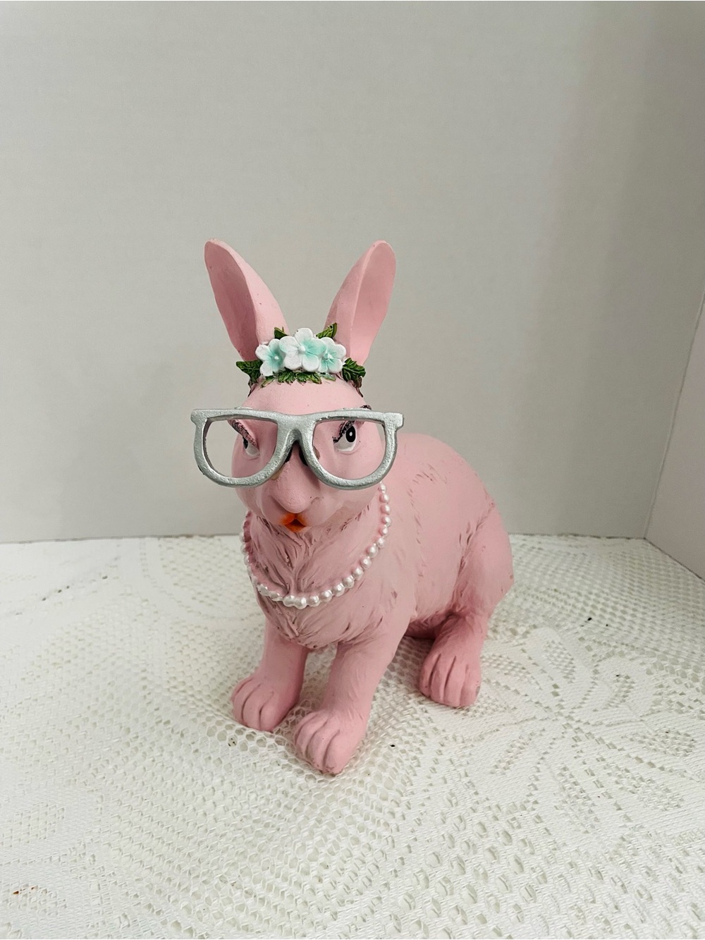 Pink Decorative Resin Bunny Figurine with Pearl Necklace and Glasses